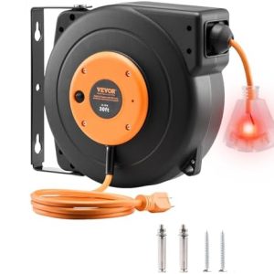 VEVOR Retractable Extension Cord Reel, 30 FT, Heavy Duty 16AWG/3C SJTOW Power Cord, with Lighted Triple Tap Outlet 10 Amp Circuit Breaker, for Ceiling or Wall Mount Garage and Shop, ETL Listed